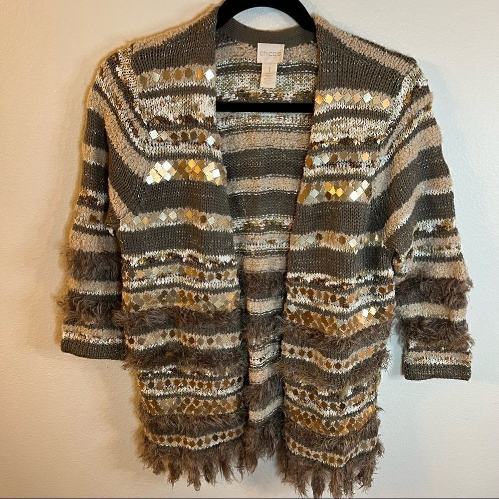 Chico’s cardigan sweater Sz 1 Med 8 Tan faux fur Sequins Stripe 3/4 sleeve Open
